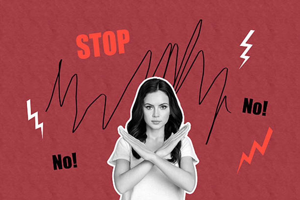 Woman crossing her arms with STOP and No signs around her